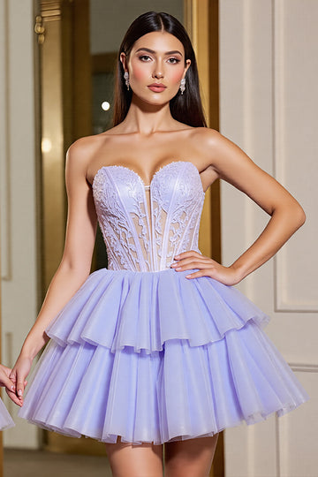 A Line Tulle Lavender Strapless Corset Short Prom Dress